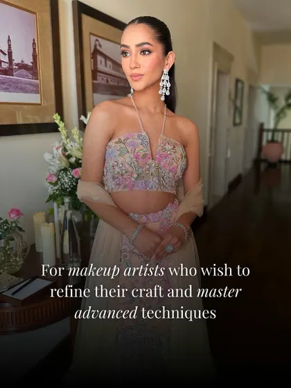 A look for makeup artists who wish to refine their craft. This pastel outfit is paired with a soft, glowing makeup look, demonstrating advanced techniques in creating ethereal beauty.