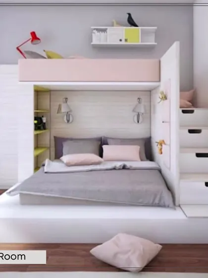 This space-saving kids' room design features a bunk bed integrated with a study area and wardrobe. The staircase to the top bunk doubles as storage drawers, making it a perfect solution for smaller rooms.