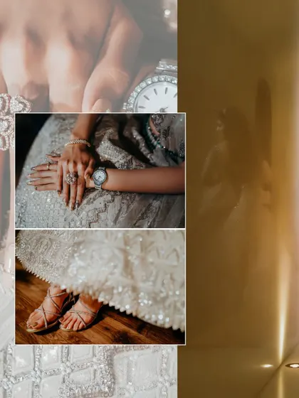 A collage focusing on the fine details of the bride's reception look. From her designer watch and rings to her sparkling shoes, we capture every element of her carefully curated style.