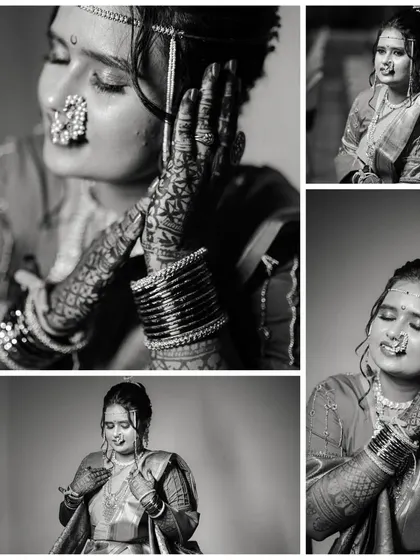 A series of artistic black and white portraits, capturing the bride's timeless elegance and contemplative moments.