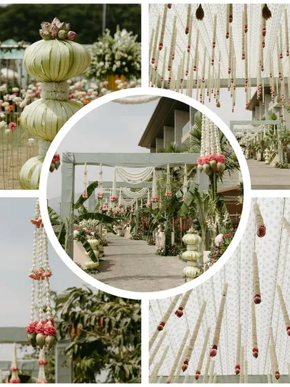 The magic is in the details. This collage highlights the delicate craftsmanship of the 'Phool Mahal' mandap, from the hanging floral strings to the carefully placed blooms that made the setup so special.