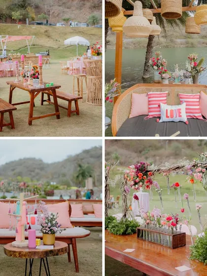 A collage of moments from our Coachella-inspired 'Sunny Sway Soirée'. This shows the variety of seating areas and detailed decor elements we designed to create a cohesive, festive vibe.