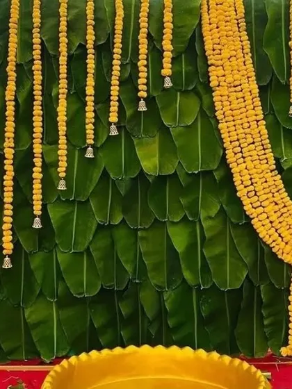 A unique and eco-friendly Haldi backdrop made entirely of fresh banana leaves, accented with hanging marigold strings.
