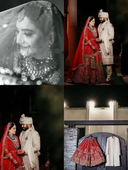 A collage of wedding night portraits, including a beautiful black and white shot of the bride and a unique shot of the couple's outfits hanging together.