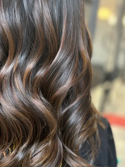A close-up on the glossy texture of this brunette balayage, showing the seamless blend of colors.