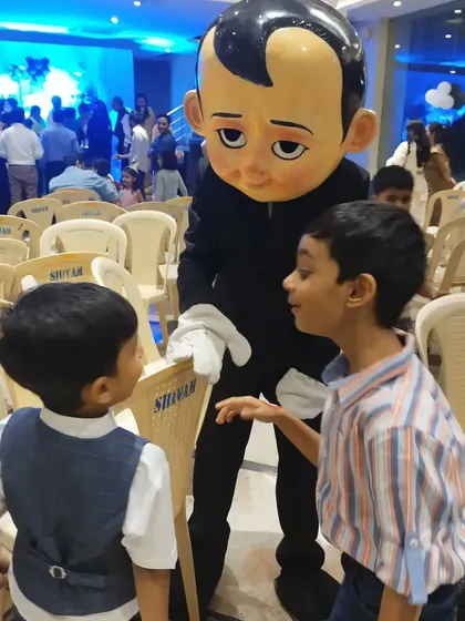 A special appearance from the Boss Baby mascot at Ibhaan's birthday party. These character visits create amazing photo opportunities and lasting memories.