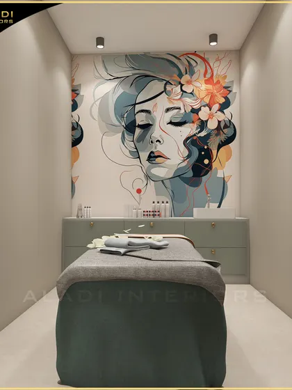 A minimalist yet artistic spa room concept where a large, expressive mural provides the primary design element, creating a sophisticated and tranquil space for clients.