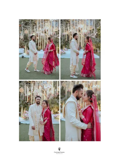A four-panel collage of the couple's first moments as husband and wife, from their first look to a sweet kiss.