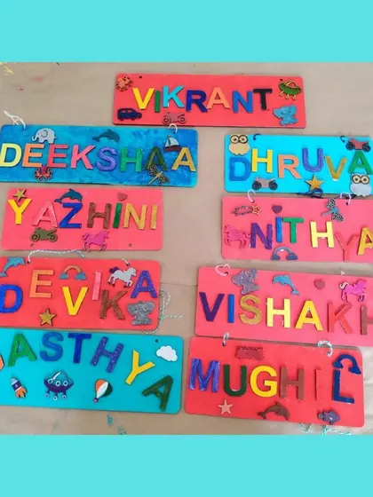 A colorful collection of finished nameplates from a birthday party. It's amazing to see how each child brings their own personality to the project.