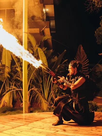 For a high-impact finale or a powerful statement piece, we bring out the fire gun. This custom prop unleashes a controlled jet of flame, creating a breathtaking moment of power and heat that captivates any audience.