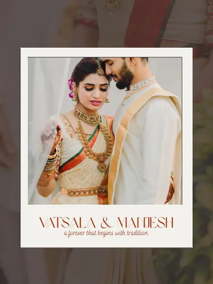 A polaroid-style portrait of the couple, capturing a quiet, intimate moment. The text "a forever that begins with tradition" perfectly sums up the essence of their wedding.