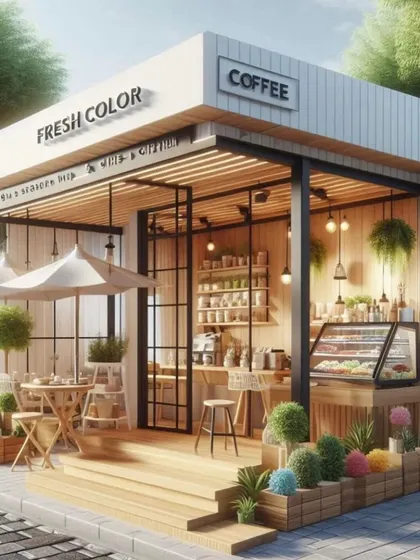 Another view of the 30 sq. meter modular coffee shop, showcasing the inviting entrance and outdoor seating area. The design is perfect for creating a friendly neighborhood cafe.