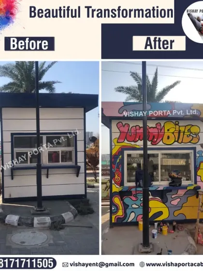 Don't just look at the 'after', look at the 'before'. I can take a basic, standard porta cabin and transform it into a vibrant, eye-catching kiosk like this one for Yummy Bites. Your brand's personality can be painted right onto the walls, making it unforgettable.