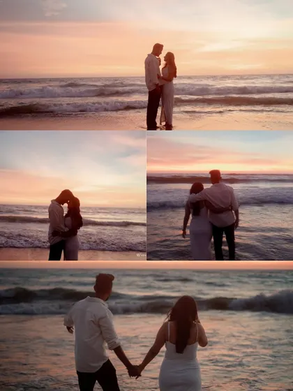 A collage of sunset moments from a beach shoot in Goa. It shows the progression of light and emotion as the day ends, from playful walks to romantic embraces.