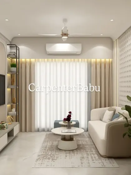 A different perspective of the compact living room, showing how the light curtains and hidden ambient lighting make the space feel larger and brighter.