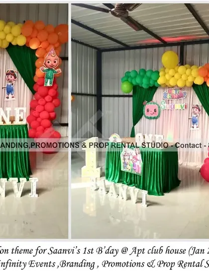 A simple and colorful Cocomelon theme for a first birthday at an apartment clubhouse. This setup uses a curtain backdrop with a bright balloon arch and character cutouts, showing how we can create a festive atmosphere in any space.