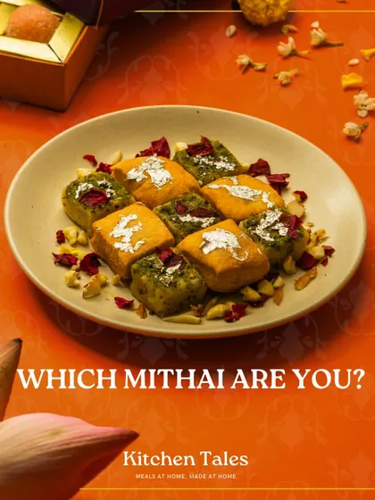 We offer a variety of homemade barfis, from pistachio to almond. This plate shows our mixed barfi selection, garnished with rose petals and nuts.