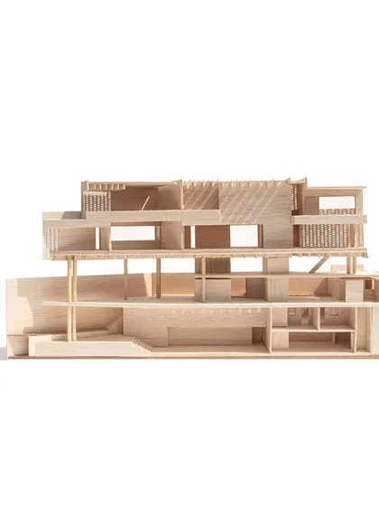 A detailed physical section model of the Office A project. We use models like this to understand the spatial relationships, light, and materiality of our designs.