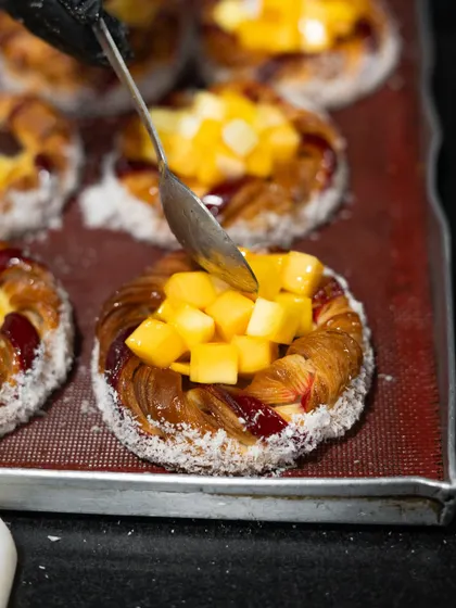 A close-up of a mango Danish being prepared during a two-day Viennoiserie workshop for the talented pastry chefs from The Oberoi, Bangalore. We believe in collaborative learning and sharing our expertise with industry professionals.