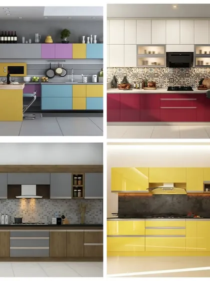 This collage highlights our work with colorful and contemporary kitchen designs, featuring bold choices like yellow and magenta alongside two-tone wood and grey combinations.