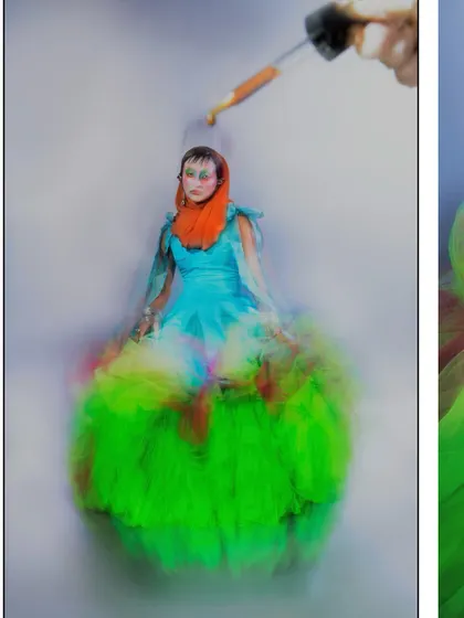 An experimental shot showing a dropper releasing a liquid onto the model, with motion blur creating a distorted, colorful effect. This visualizes the idea of an external catalyst initiating an internal emotional change.