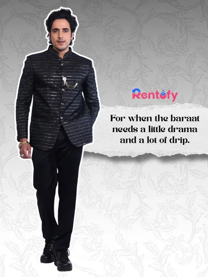 For when the baraat needs a little drama and a lot of drip. This black sequined bandhgala is the perfect choice.