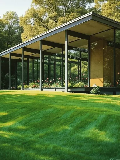 A glass house with a large roof overhang, creating a shaded porch area. The interior is filled with plants, further enhancing the connection to the surrounding garden.