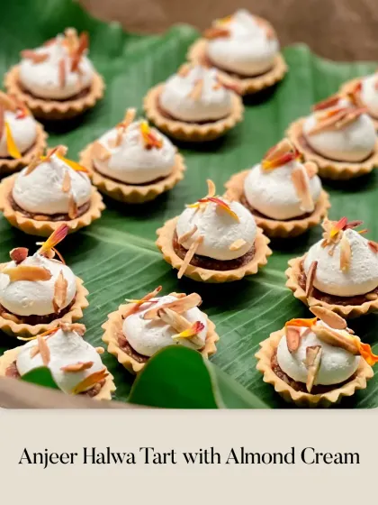 Another variation on a theme: Anjeer Halwa Tart with Almond Cream, topped with toasted almond slivers for extra crunch and flavor.