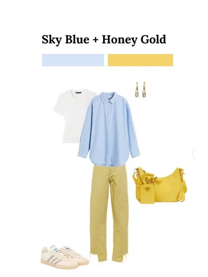 Sky blue and honey gold is an airy and radiant combination. A flowy blue shirt paired with honey gold trousers and accessories creates a look that glows without trying too hard.