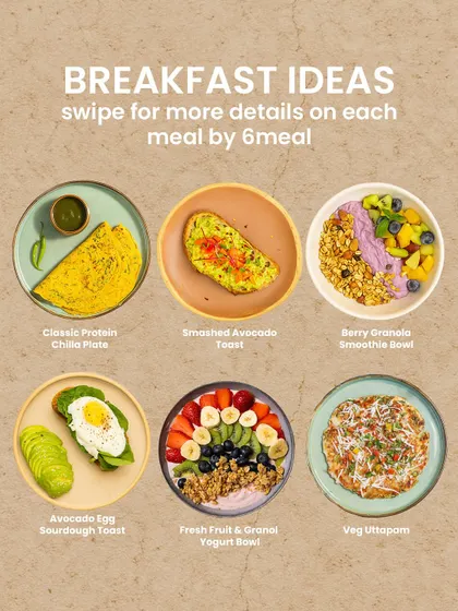 We offer a wide range of breakfast options to start your day right. This image showcases six of our favorites, from protein chilla to avocado toast and smoothie bowls.
