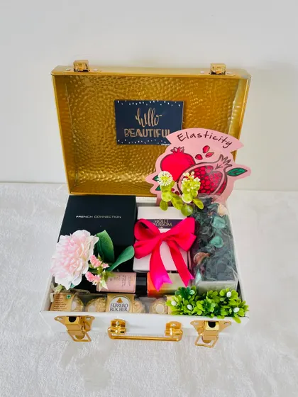 This "Hello Beautiful" metal trunk is a perfect Rakhi gift for a sister or sister-in-law, filled with pampering goodies.