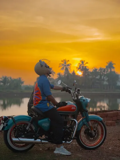 I captured this moment with the Royal Enfield Goan Classic 350 during the golden hour in Goa. This shot is all about the feeling of freedom and adventure that the brand represents, blending the motorcycle seamlessly into a beautiful, natural landscape.