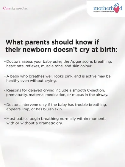 What if your newborn doesn't cry at birth? This is a common worry, but often not a cause for alarm. A smooth C-section, prematurity, or mucus in the airway can delay crying. Our doctors assess breathing, skin color, and muscle tone to determine if any intervention is needed.