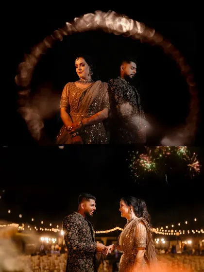 A collage of creative and romantic shots from a beachside reception, including a beautiful ring of fire effect.