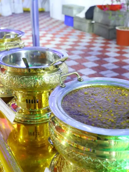 Our dishes are served in beautiful, ornate brass pots that keep the food warm.