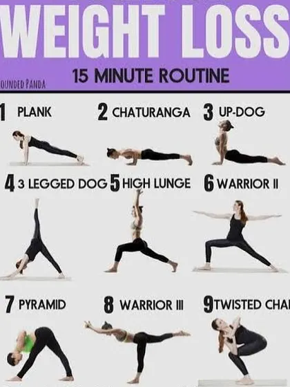 A 15-minute weight loss routine featuring a dynamic flow of nine poses including Plank, Warrior poses, and Twisted Chair.