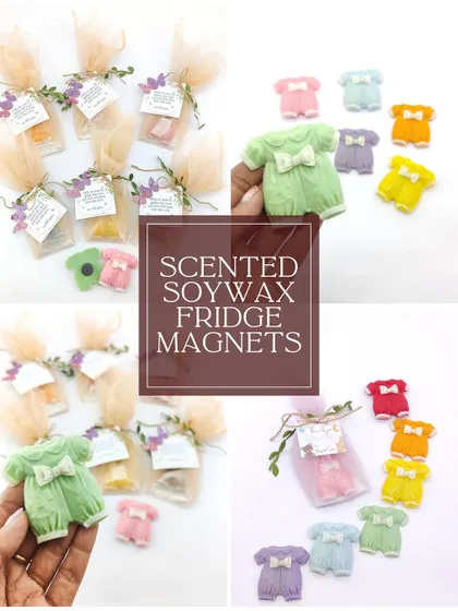 A collection of images showing the baby onesie soy wax sachets, both individually and packaged as return gifts.