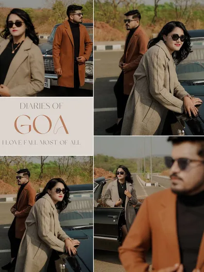 A "Diaries of Goa" themed collage, showcasing the moody and fashionable side of a destination shoot. The warm tones and stylish poses create a cohesive and story-driven visual.