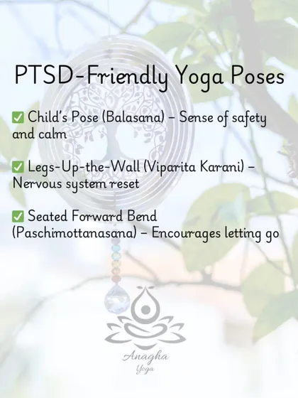 A selection of PTSD-friendly yoga poses I incorporate into sessions, such as Child's Pose for safety and Legs-Up-the-Wall for a nervous system reset.