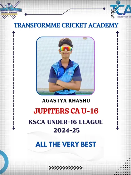 A duplicate graphic of Agastya Khashu's selection for the KSCA U-16 league.