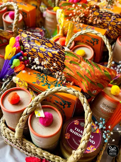 Another angle of our festive Holi baskets, showcasing the vibrant colors and thoughtful packaging.