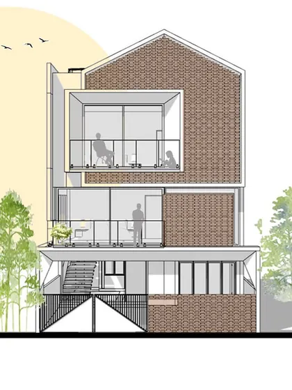 The 2D elevation drawing for Mr. Vinay's residence, illustrating the design intent with brick cladding and projecting volumes.
