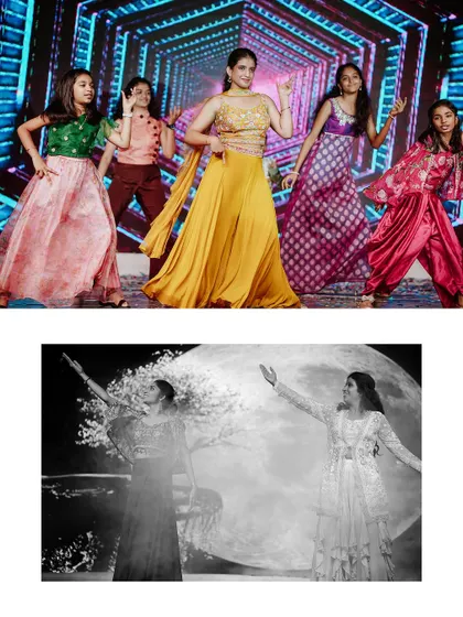 A diptych showcasing two different dance performances, one with a group of young girls and another artistic black and white shot.