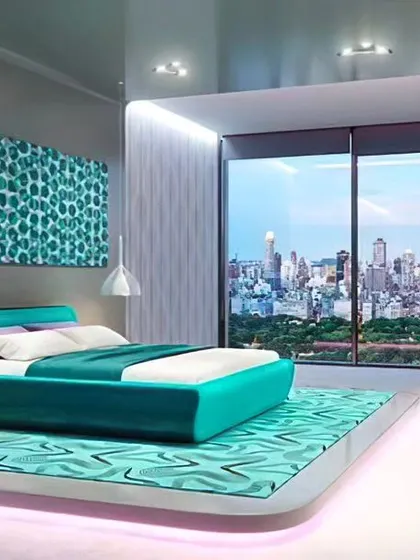 A futuristic bedroom concept with a turquoise color scheme and a panoramic city view. The bed is placed on an elevated platform with under-lighting, creating a floating effect.