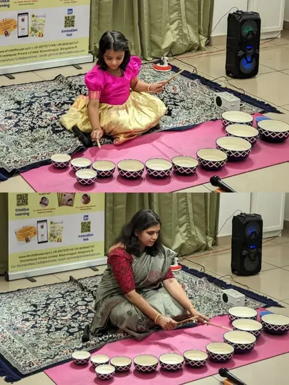 A mother and daughter explore the unique sound of the Jaltarang. Our parent-child camps provide a unique opportunity for one-on-one bonding through a shared creative activity.