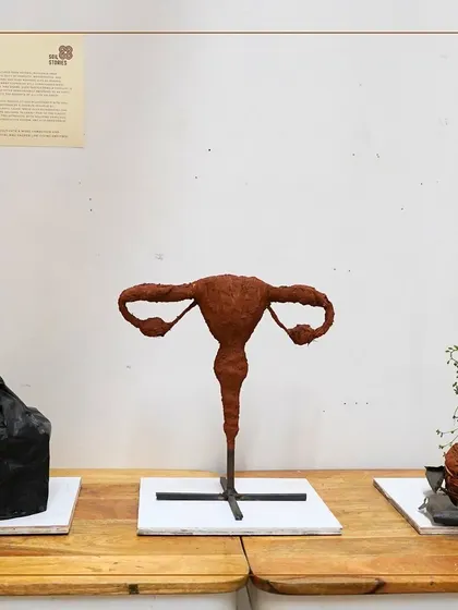 An installation view of my 'Dirty Fertility' sculptures, made from soil. The pieces explore the parallels between the stigma around soil and the taboos of female fertility.