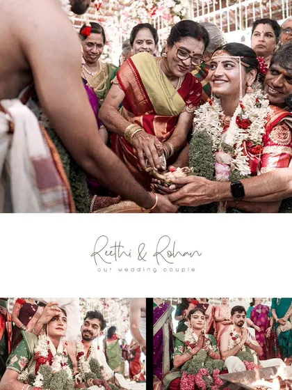 A collage of emotional and ritualistic moments from the wedding, showing the blessings of elders and the couple's participation in the ceremony.