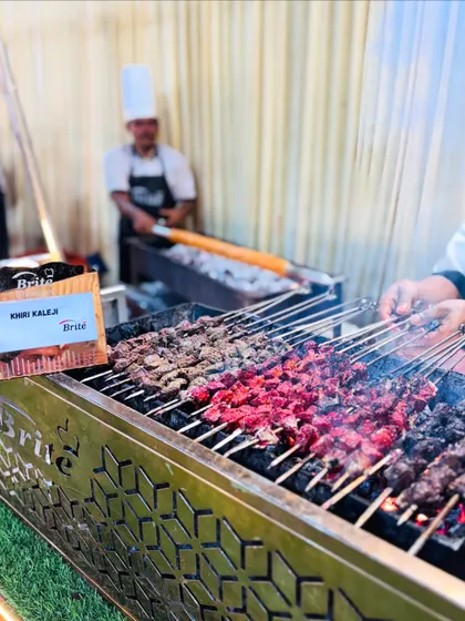 A variety of kebabs, including Khiri Kaleji, grilling side-by-side, demonstrating the range of options available.