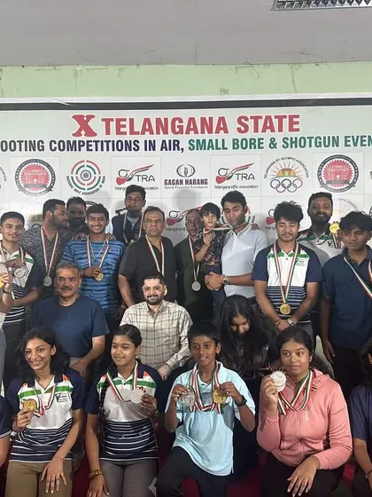 A group photo of all the winners from the Telengana State Shooting Championships, with our athletes among them.