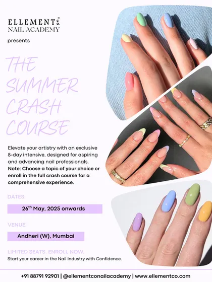 Your official invitation to the Summer Crash Course in Andheri, Mumbai. This 8-day intensive is designed for both aspiring and advancing nail professionals to elevate their artistry.